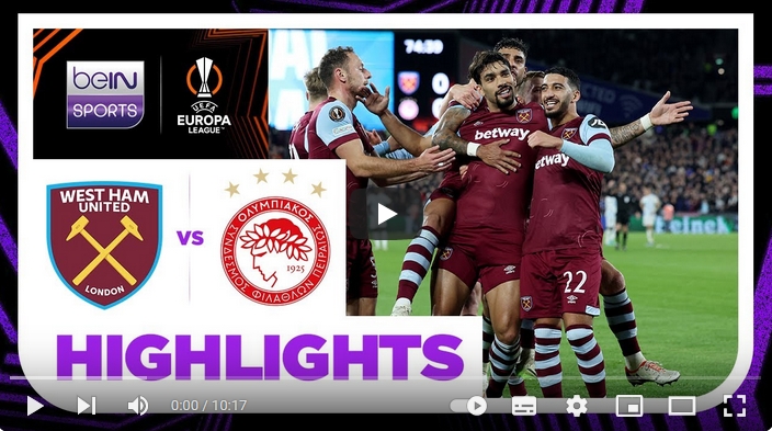 คลิปไฮไลท์ยูฟ่า ยูโรปาลีก เวสต์แฮมยูไนเต็ด 1 - 0 โอลิมเปียกอส ไพรีอัส