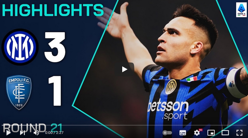 ไฮไลท์ฟุตบอล อินเตอร์ มิลาน 3 - 1 เอ็มโปลี