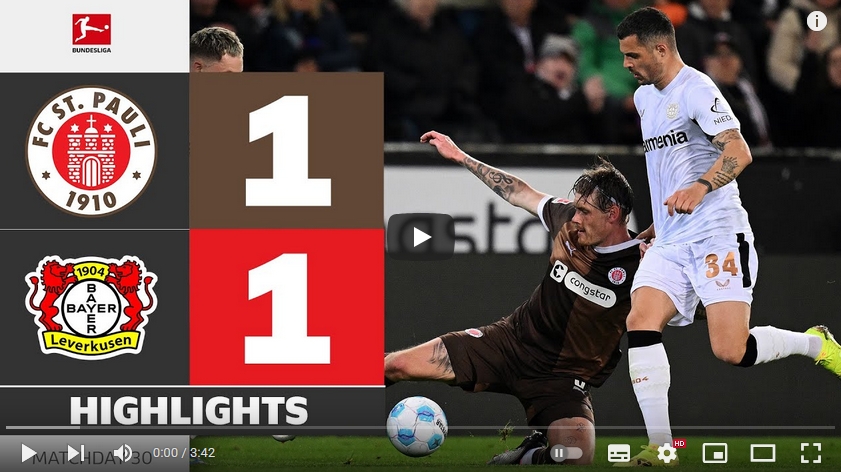 ไฮไลท์ฟุตบอล ซังค์ เพาลี 1 - 1 ไบเออร์  เลเวอร์คูเซิน